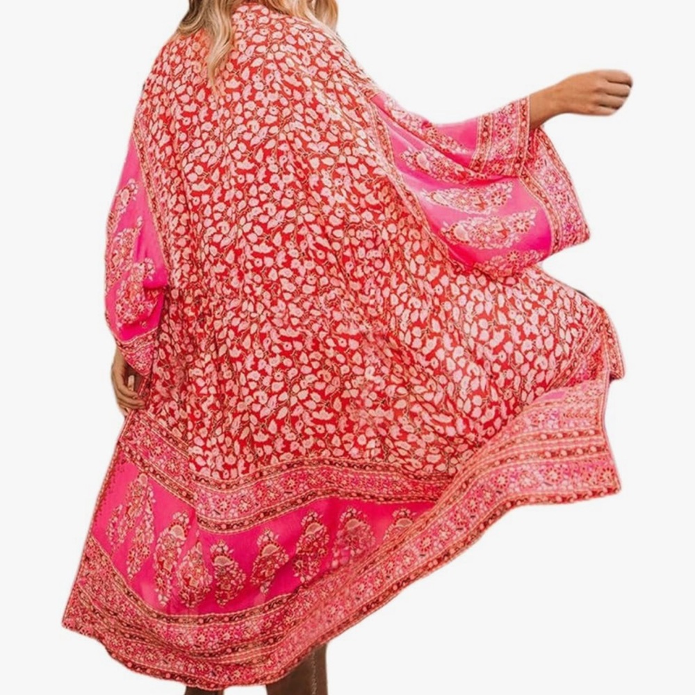 Vibrant Pink and Red Floral Kimono Swim Cover Up